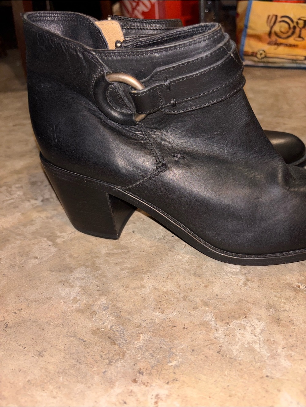 Frye Black Leather Ankle Booties with Ring Strap Accent